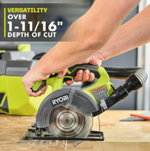 RYOBI 18V ONE+ 5-1/2 inch cordless circular saw used for woodworking, DIY projects, and home improvement tasks.